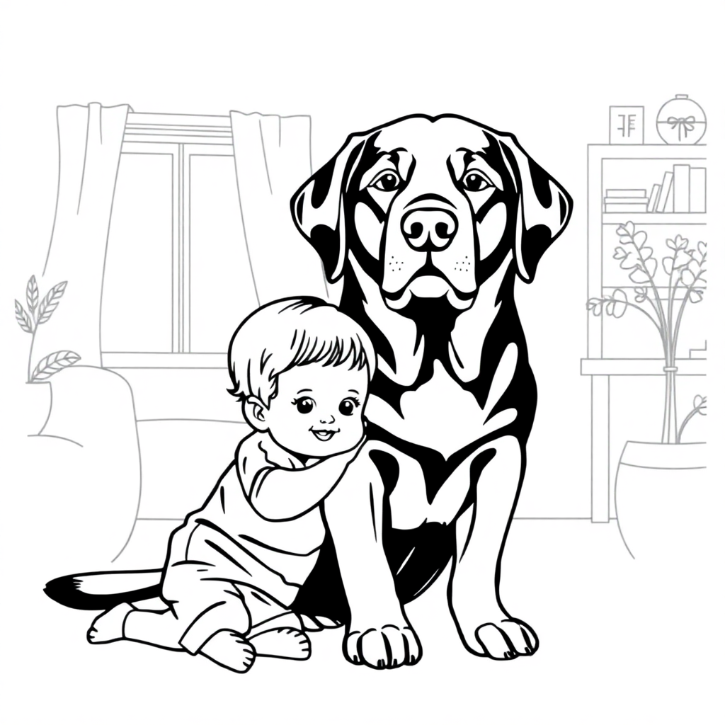 Labrador Retriever dog — with a young child in a cozy home setting coloring page Minimal style - free printable