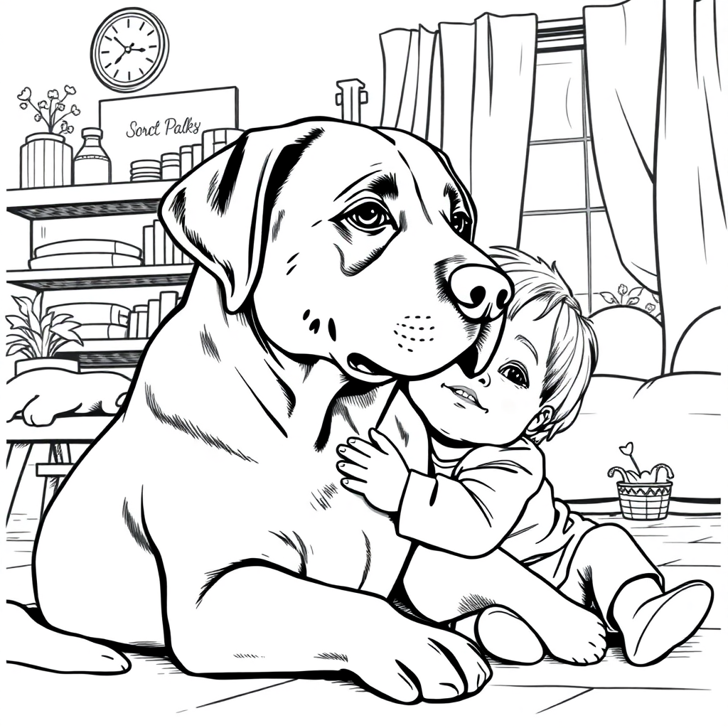 Labrador Retriever dog — with a young child in a cozy home setting coloring page Rockwell style free printable