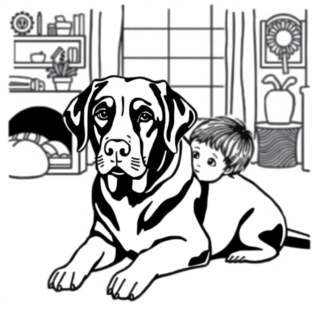 Labrador Retriever dog — with a young child in a cozy home setting coloring page Stipple style - free printable