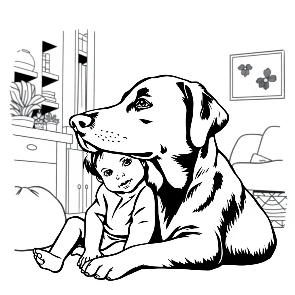 Labrador Retriever dog — with a young child in a cozy home setting coloring page Woodcut style - free printable