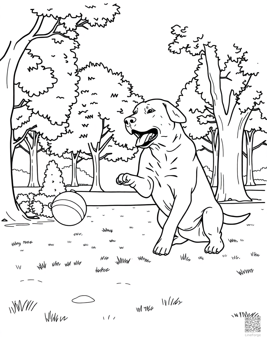 Free labrador retriever playing fetch in a park coloring page in contour style — printable line art