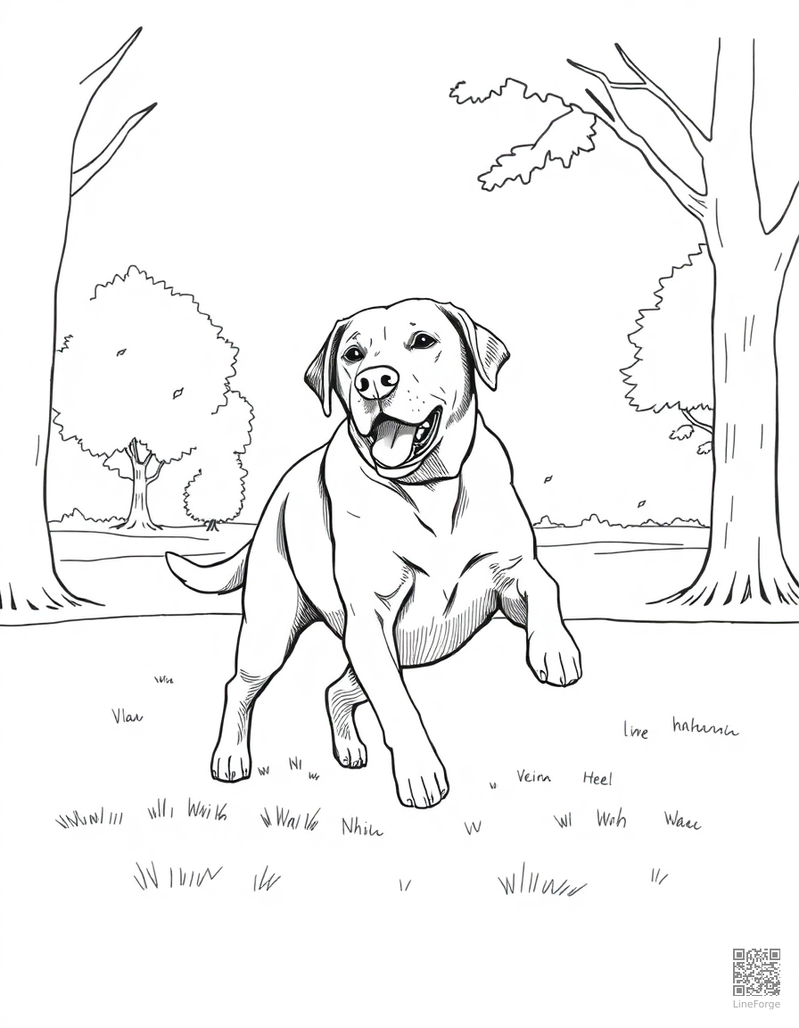 Free labrador retriever playing fetch in a park coloring page in crosshatch style — printable line art