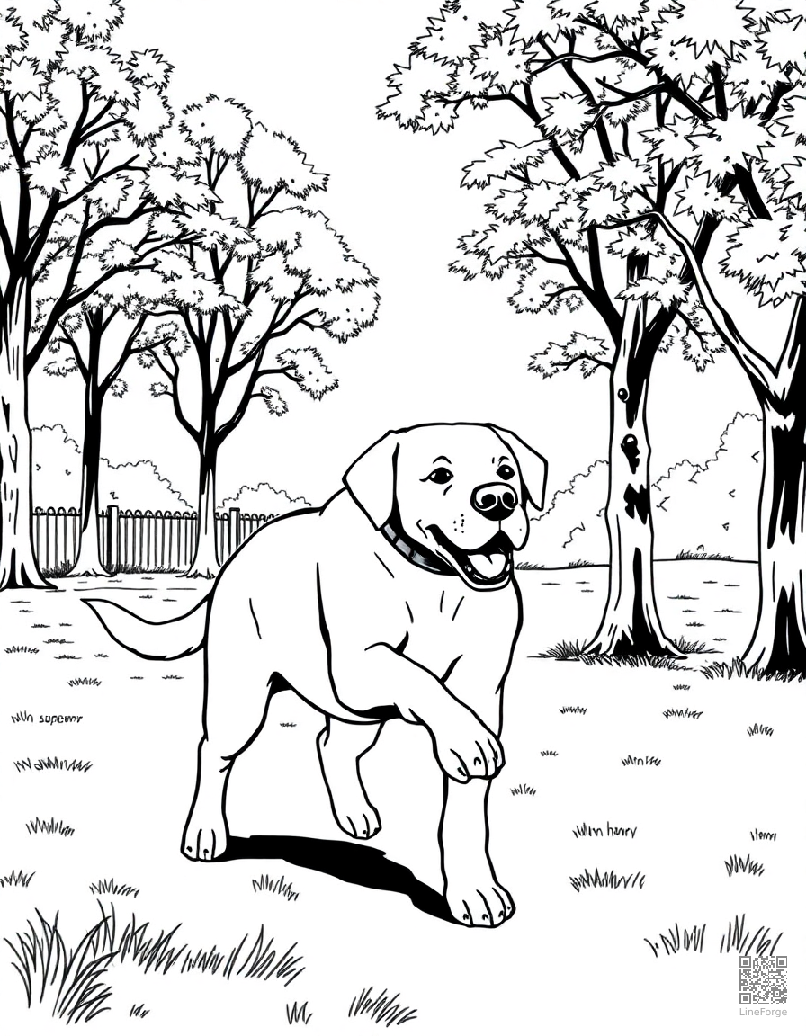 Free labrador retriever playing fetch in a park coloring page in manga style — printable line art