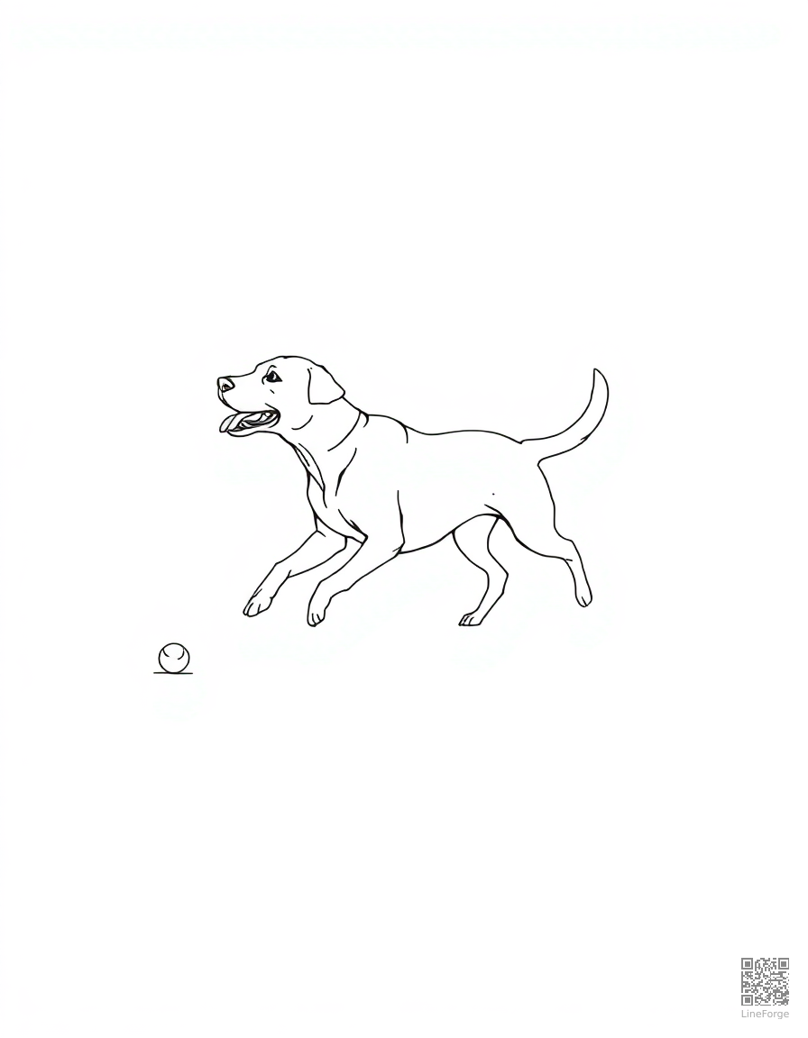 Free labrador retriever playing fetch in a park coloring page in minimal style — printable line art