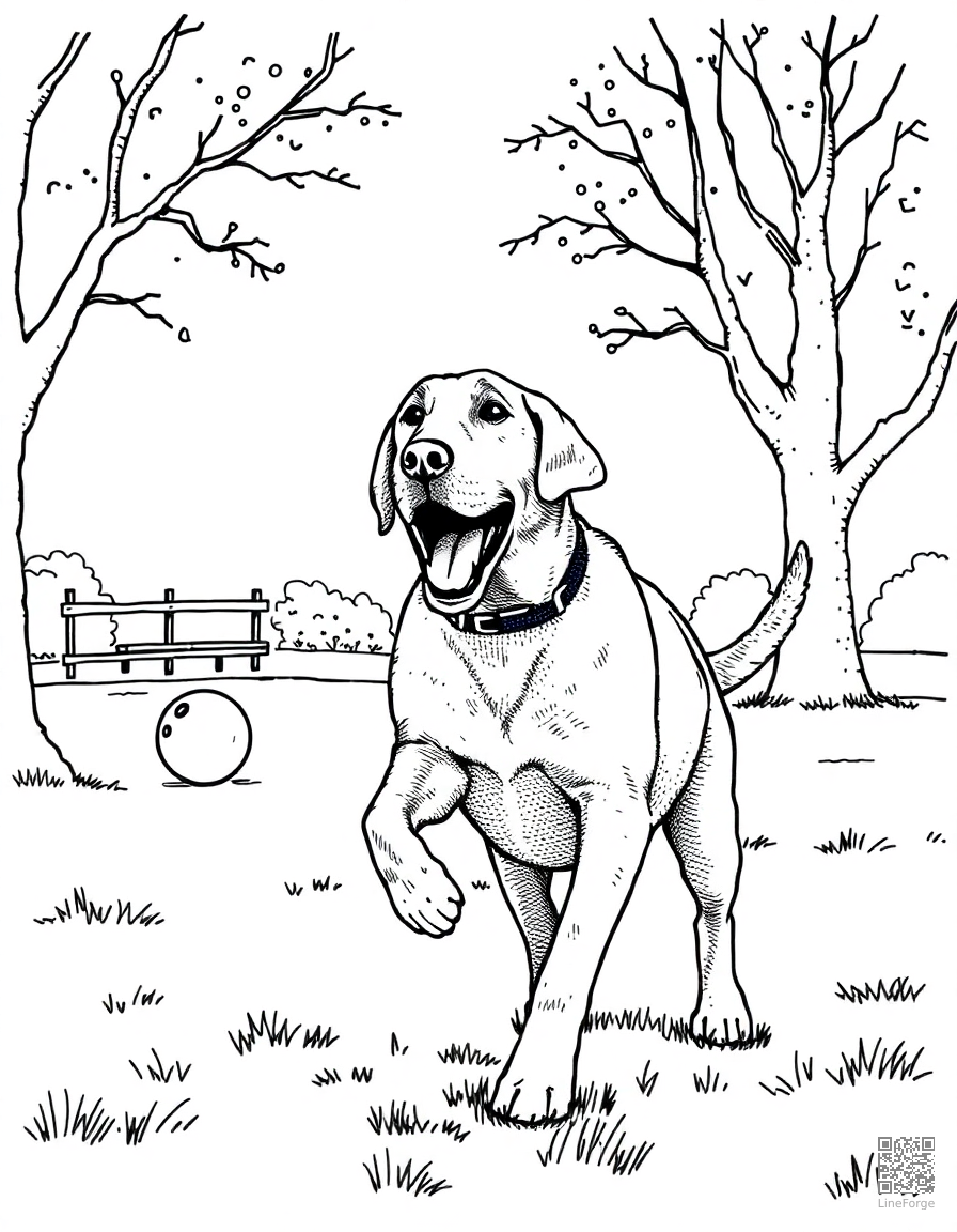 Free labrador retriever playing fetch in a park coloring page in stipple style — printable line art