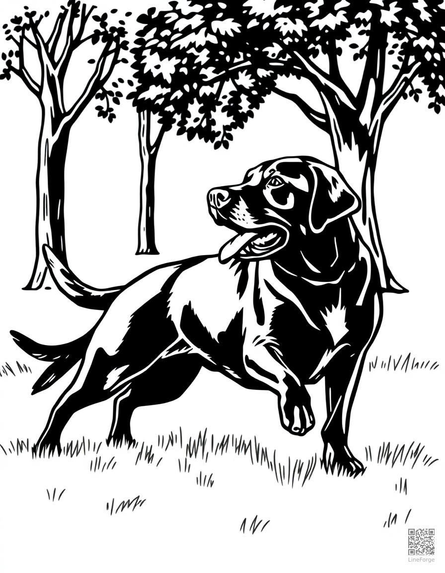 Free labrador retriever playing fetch in a park coloring page in woodcut style — printable line art