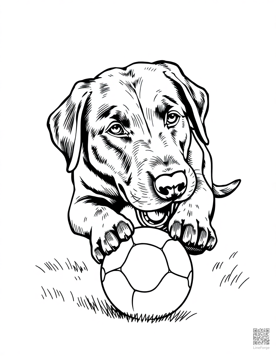 Labrador Retriever playing with a ball coloring page Crosshatch style - free printable