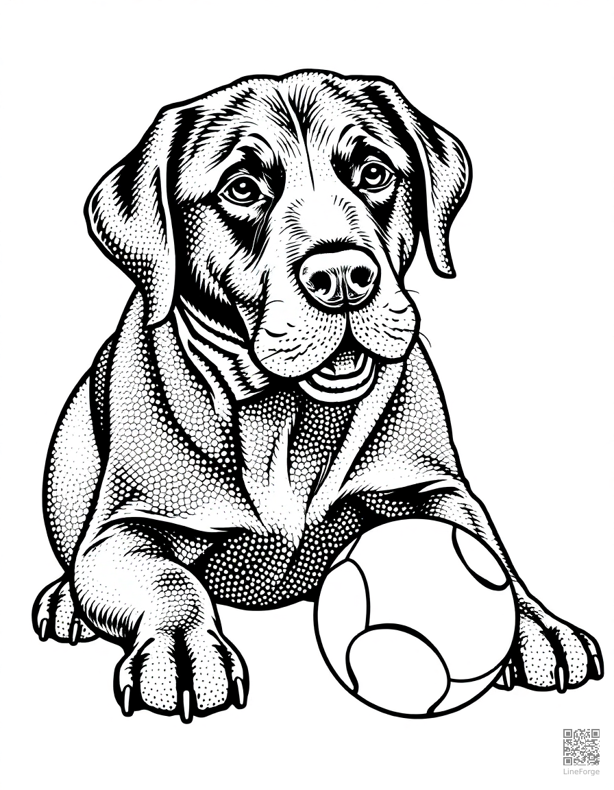 Labrador Retriever playing with a ball coloring page Stipple style - free printable