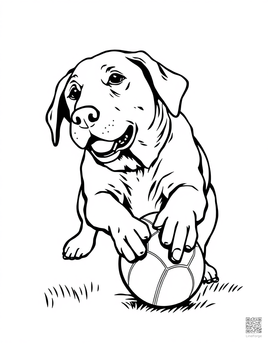 Labrador Retriever playing with a ball coloring page Woodcut style - free printable