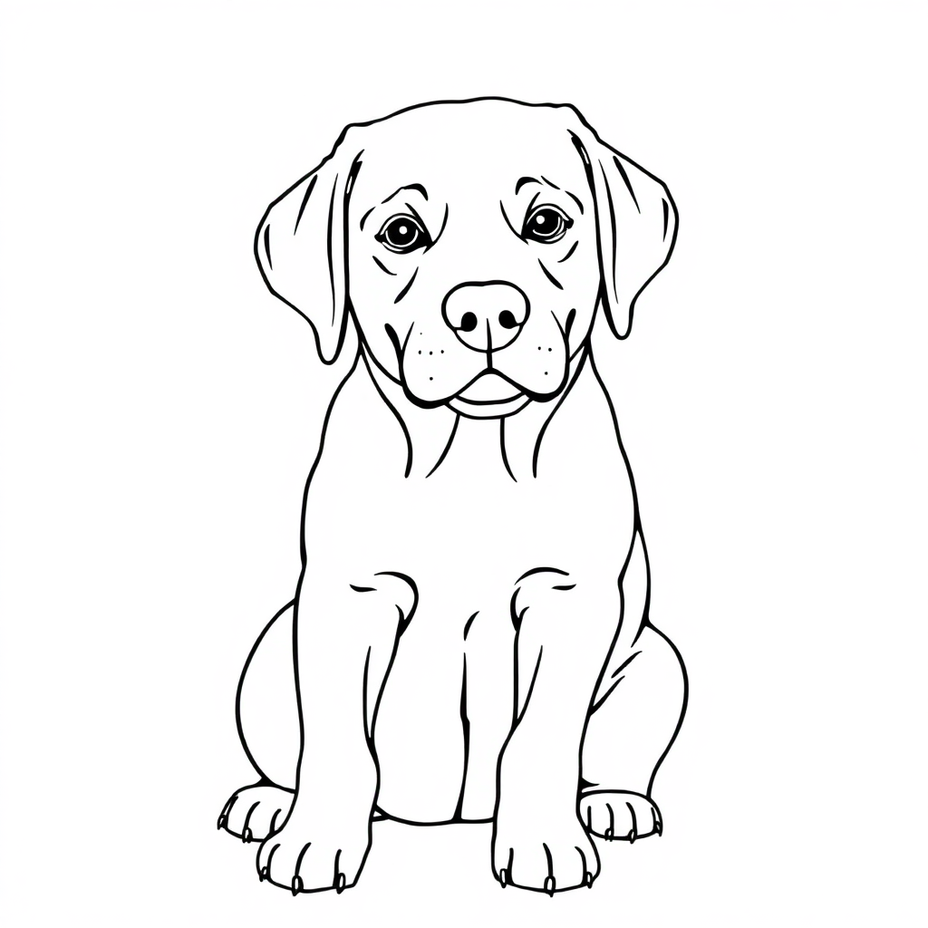 Free labrador retriever dog — sitting portrait, looking at viewer, friendly expression coloring page in contour style — printable line art