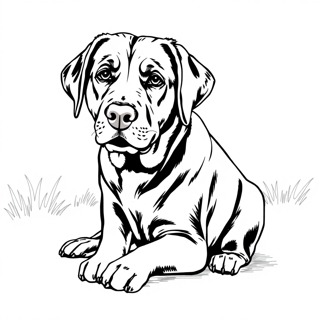 Labrador Retriever dog — sitting portrait, looking at viewer, friendly expression coloring page Rockwell style free printable