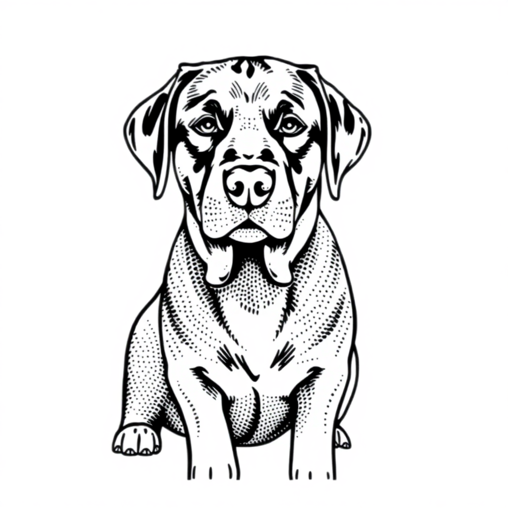 Labrador Retriever dog — sitting portrait, looking at viewer, friendly expression coloring page Stipple style free printable