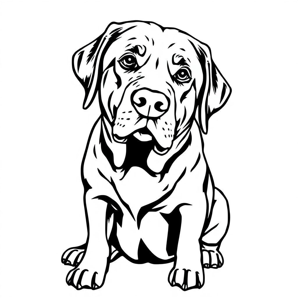 Labrador Retriever dog — sitting portrait, looking at viewer, friendly expression coloring page Woodcut style free printable