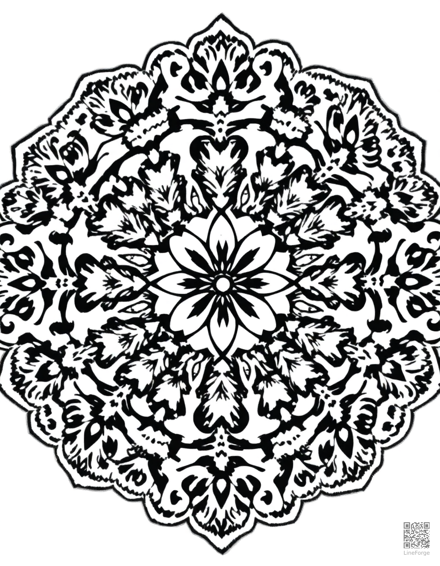 lace doily pattern with delicate details coloring page Woodcut style - free printable