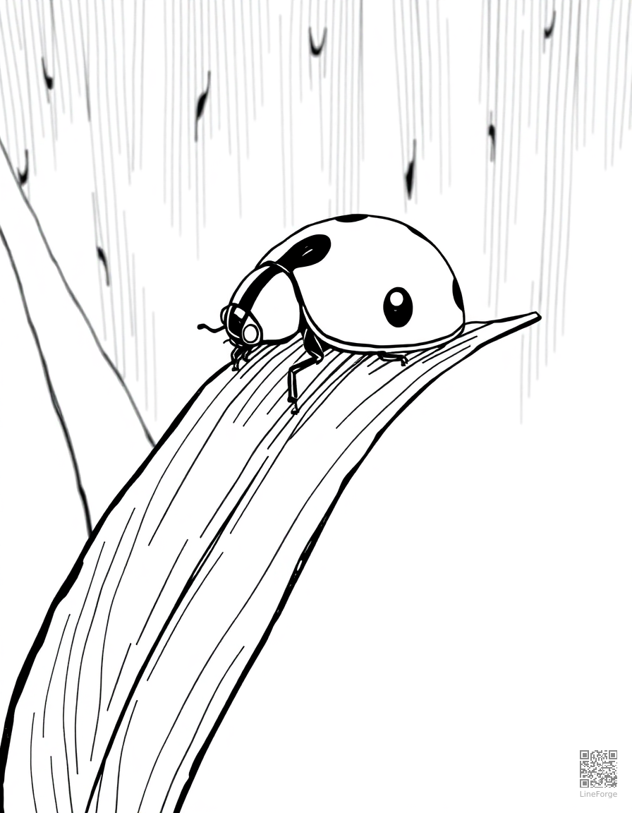 Free ladybug on a blade of grass coloring page in crosshatch style — printable line art