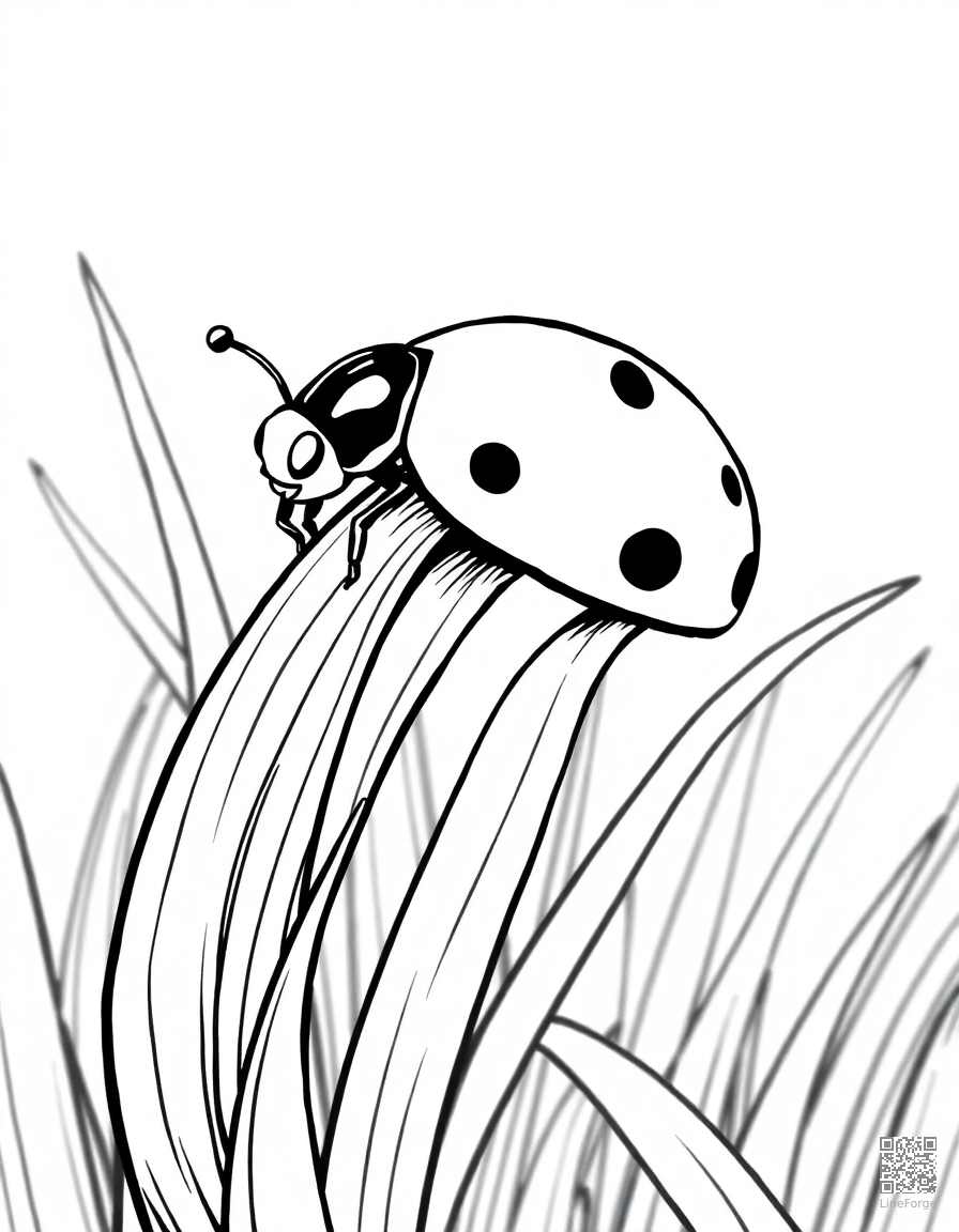 Free ladybug on a blade of grass coloring page in manga style — printable line art