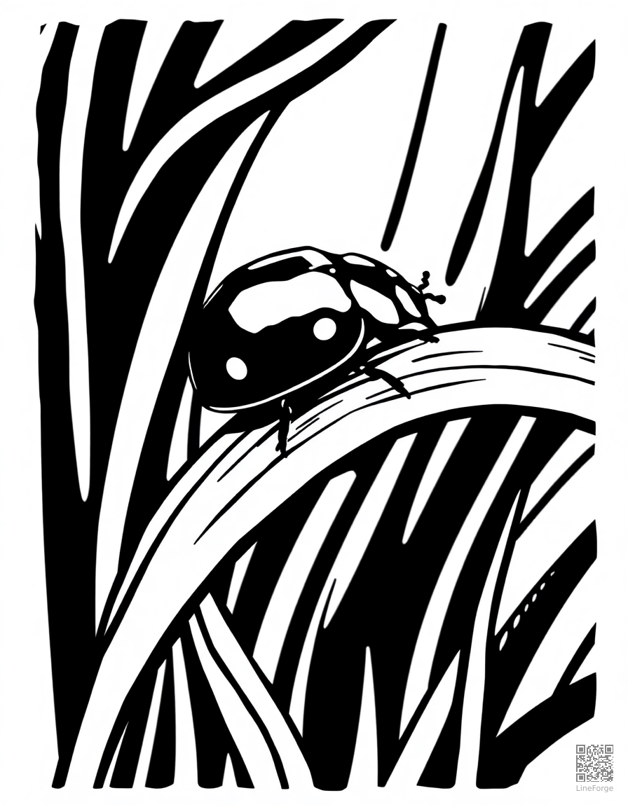 Free ladybug on a blade of grass coloring page in woodcut style — printable line art