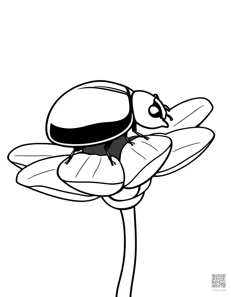 Free ladybug walking across a daisy petal coloring page in contour style — printable line art