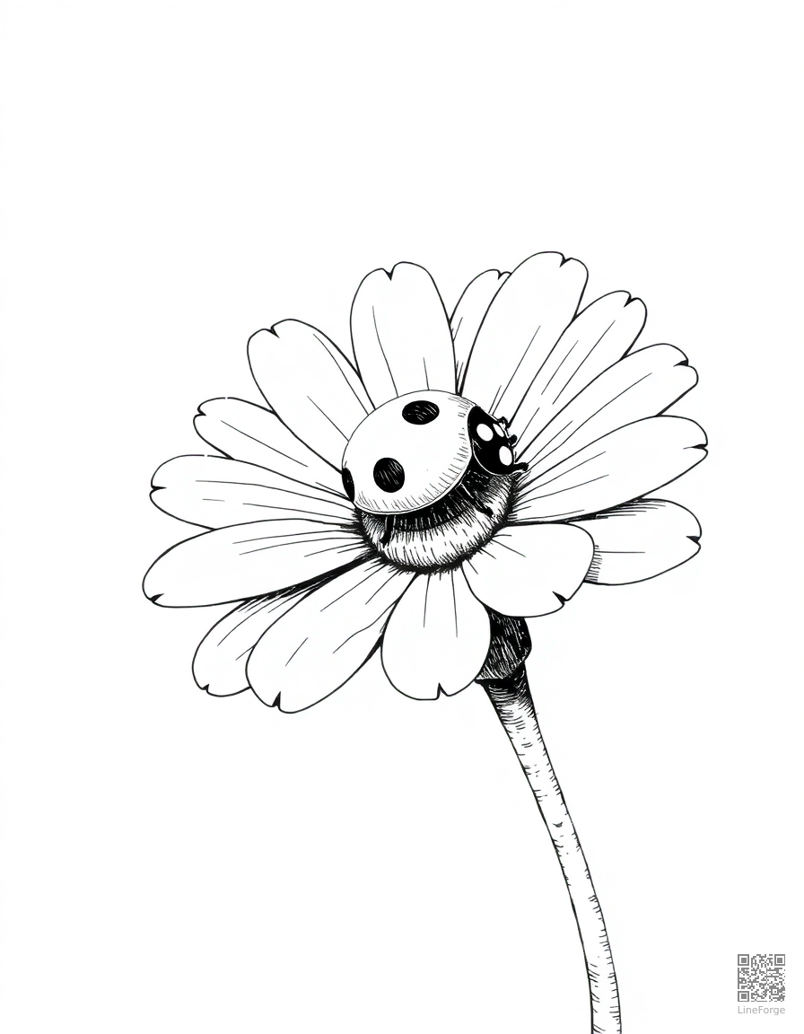 Free ladybug walking across a daisy petal coloring page in crosshatch style — printable line art