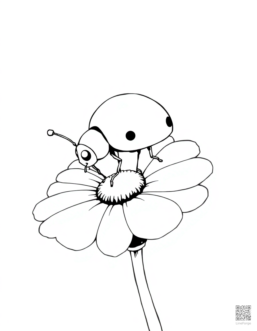 Free ladybug walking across a daisy petal coloring page in manga style — printable line art