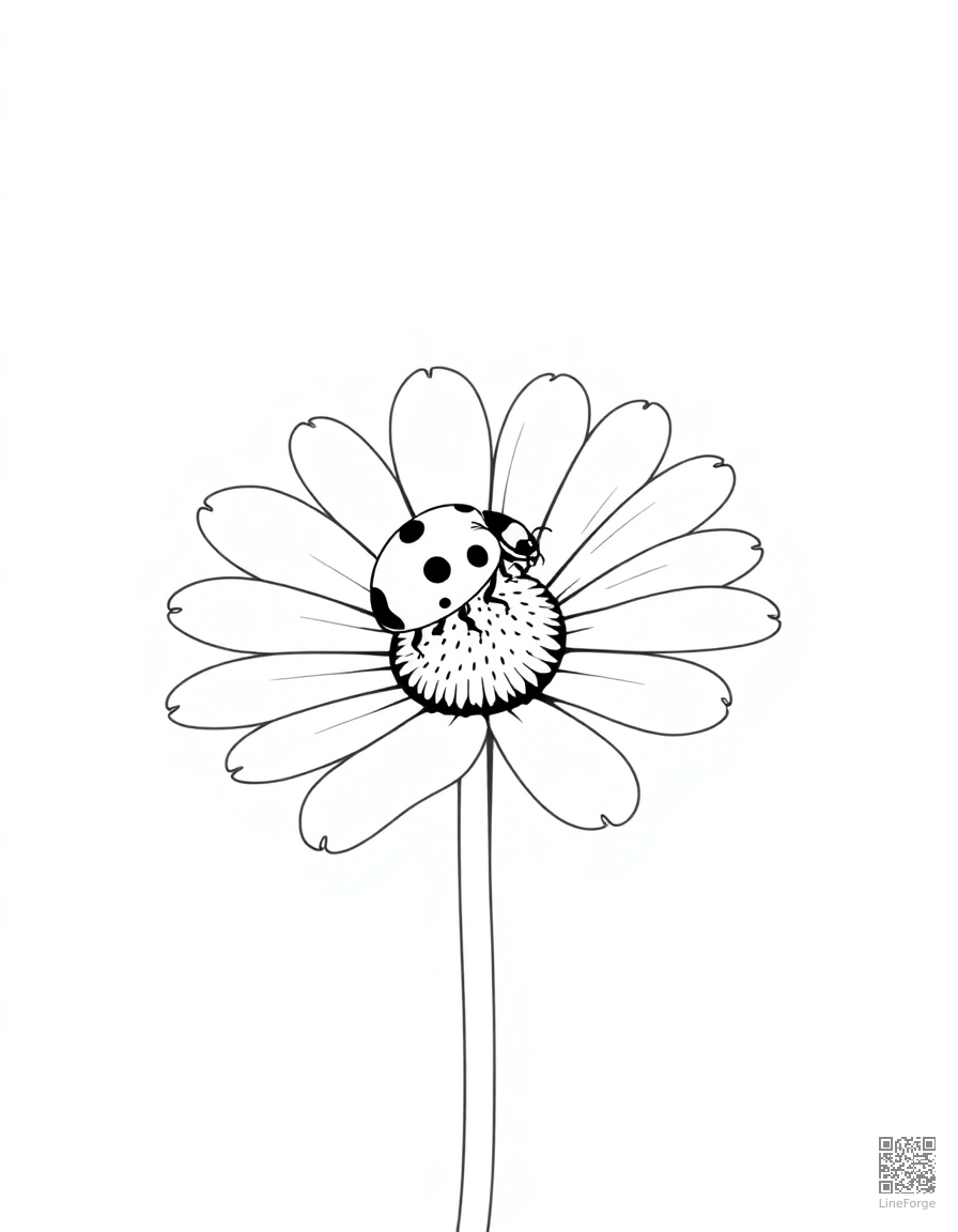 Free ladybug walking across a daisy petal coloring page in minimal style — printable line art