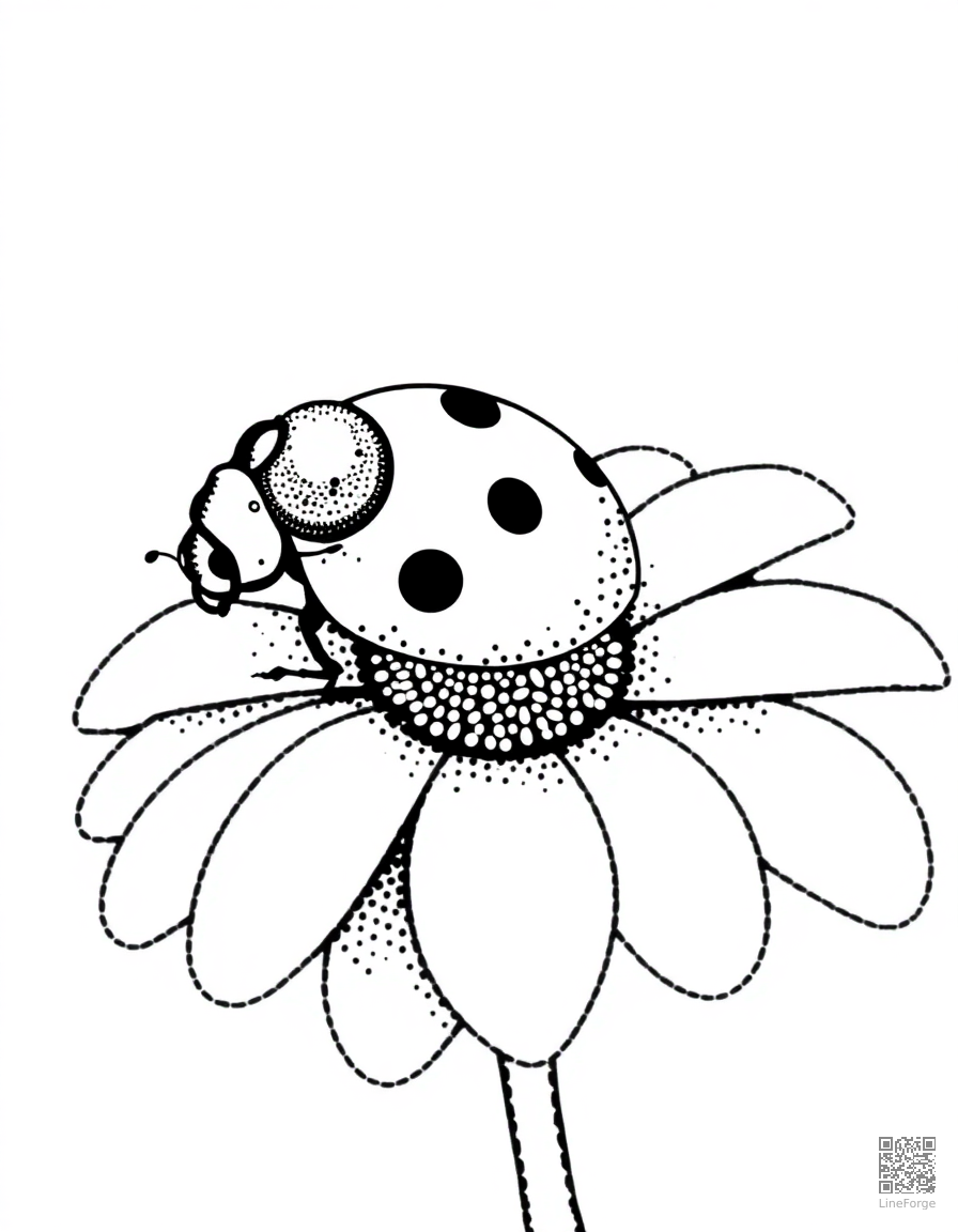 Free ladybug walking across a daisy petal coloring page in stipple style — printable line art