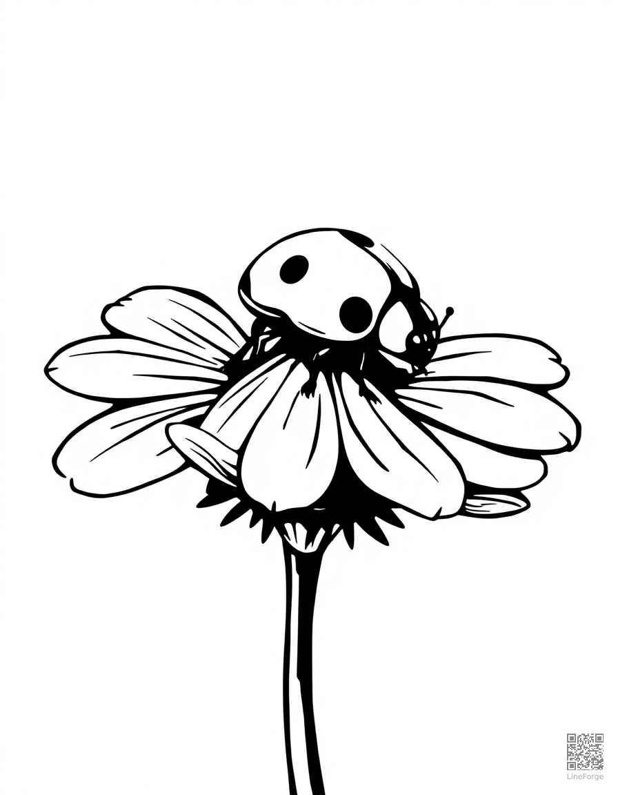 Free ladybug walking across a daisy petal coloring page in woodcut style — printable line art
