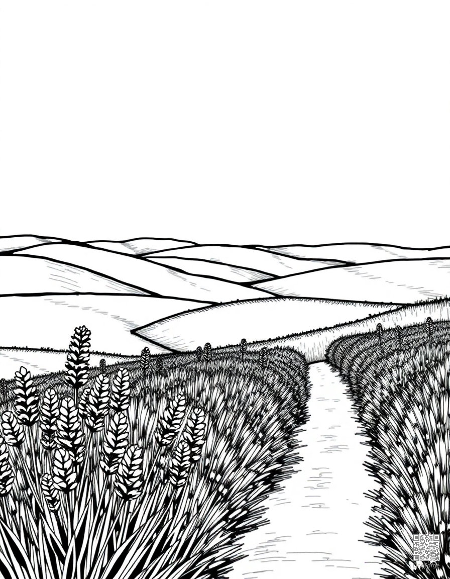 lavender field with rolling hills coloring page Crosshatch style - free printable