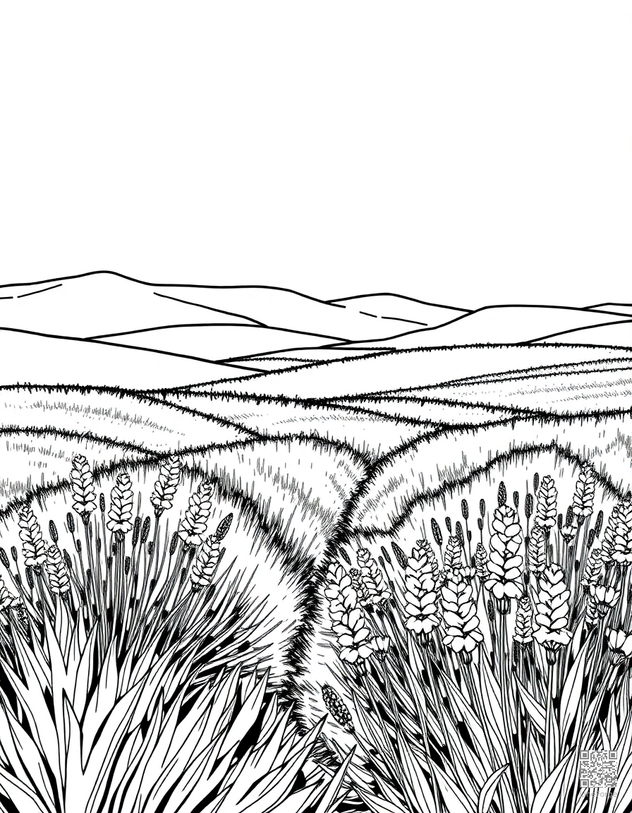 Free lavender field with rolling hills coloring page in manga style — printable line art