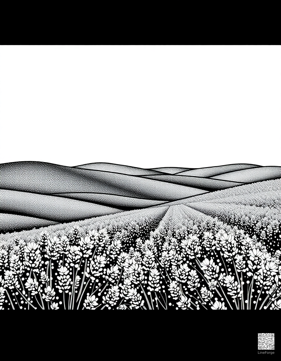 Free lavender field with rolling hills coloring page in stipple style — printable line art