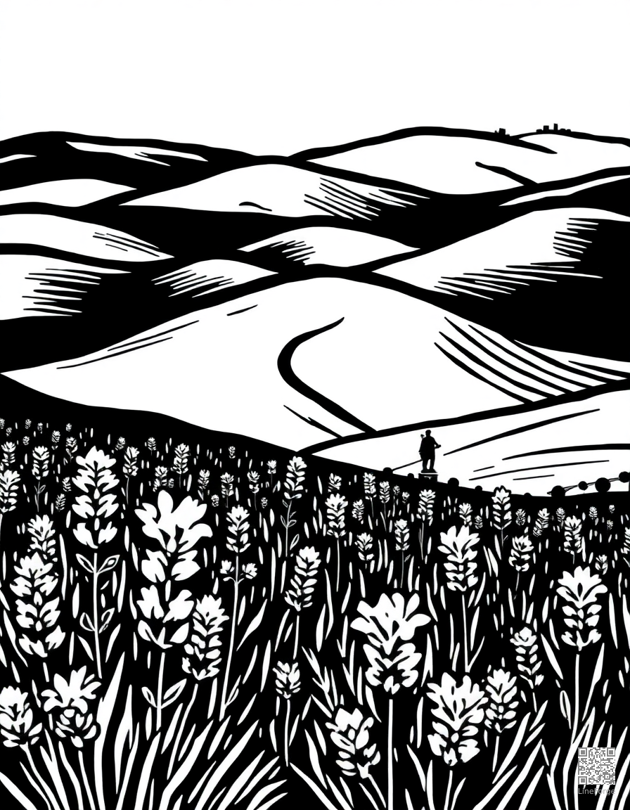lavender field with rolling hills coloring page Woodcut style - free printable