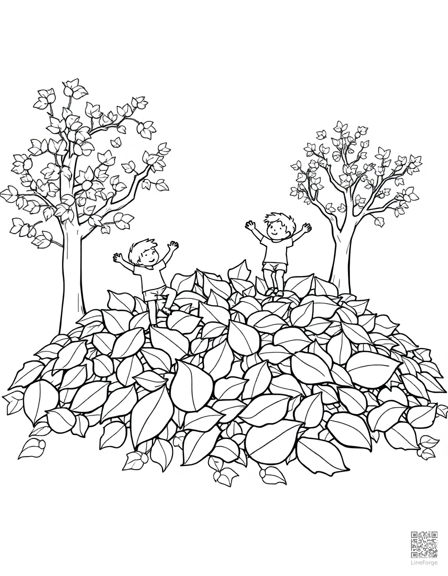 leaf pile with kids jumping in coloring page Contour style free printable