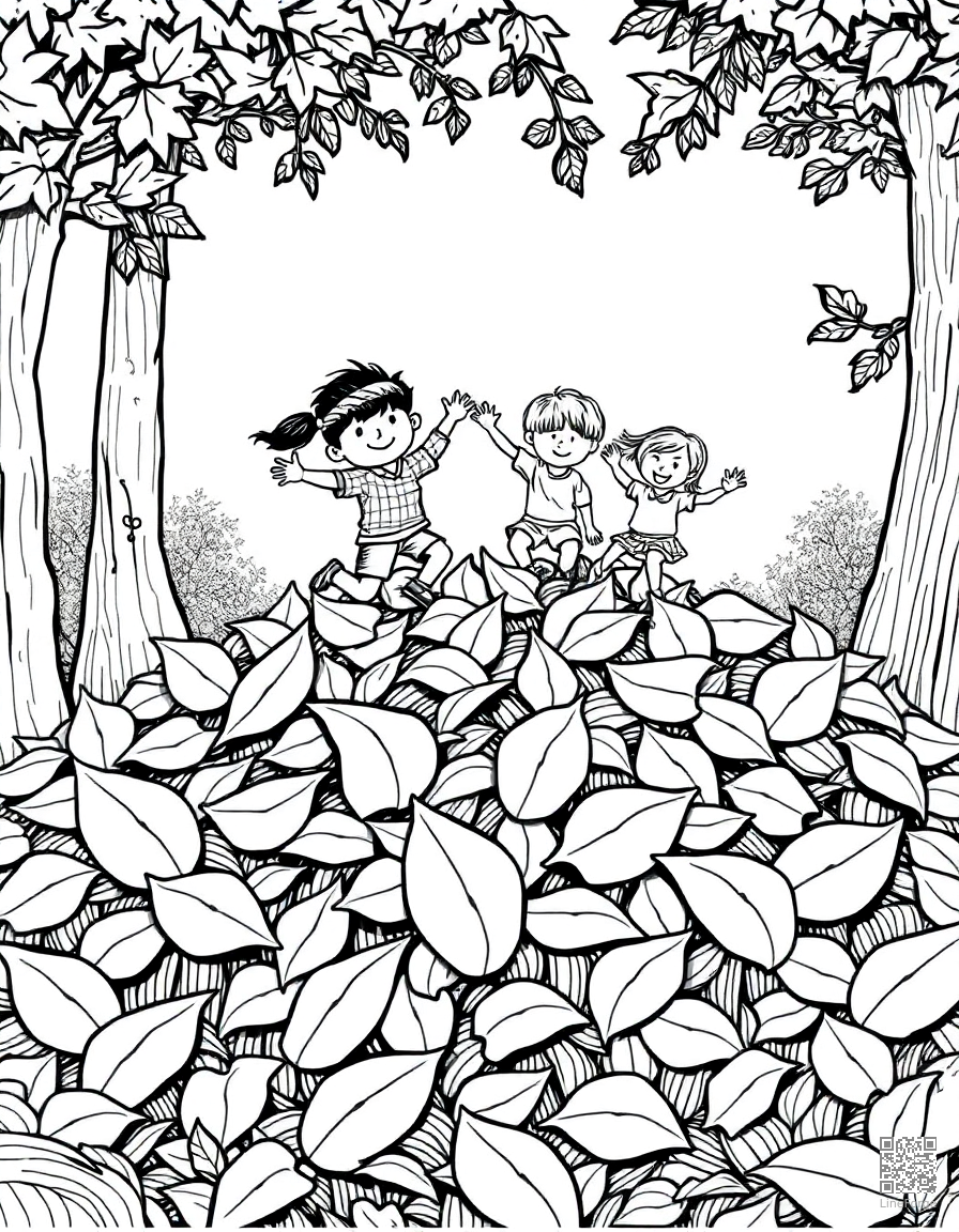 leaf pile with kids jumping in coloring page Crosshatch style free printable