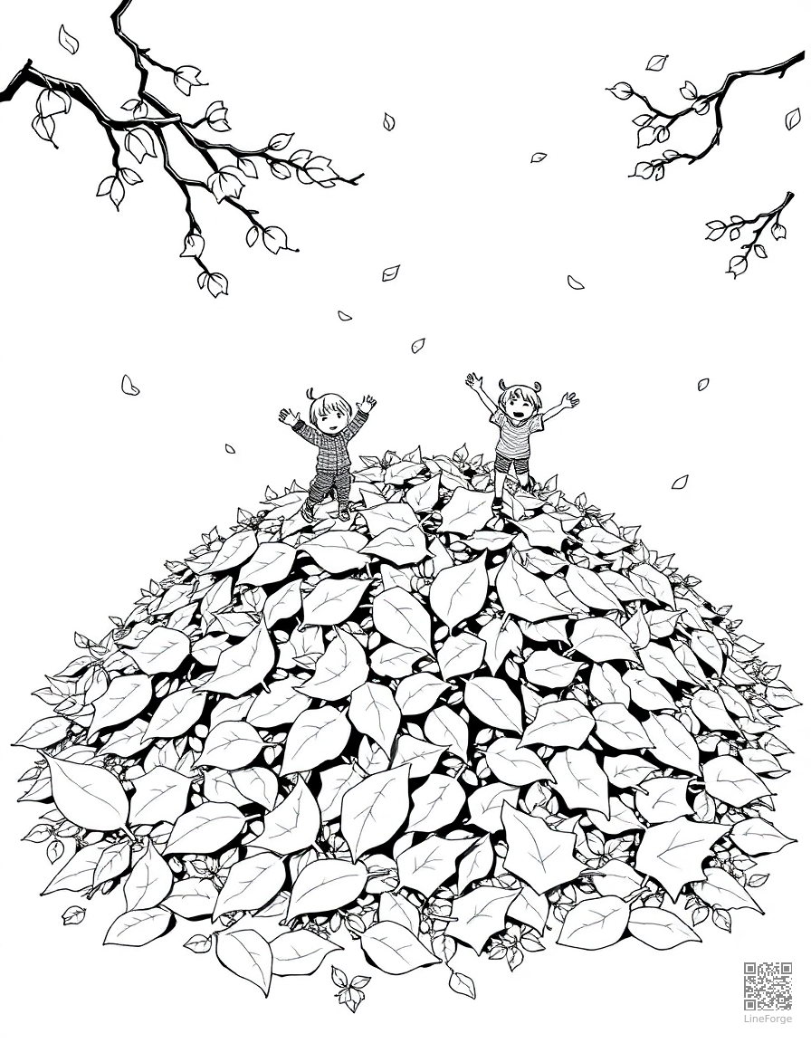 leaf pile with kids jumping in coloring page Manga style free printable
