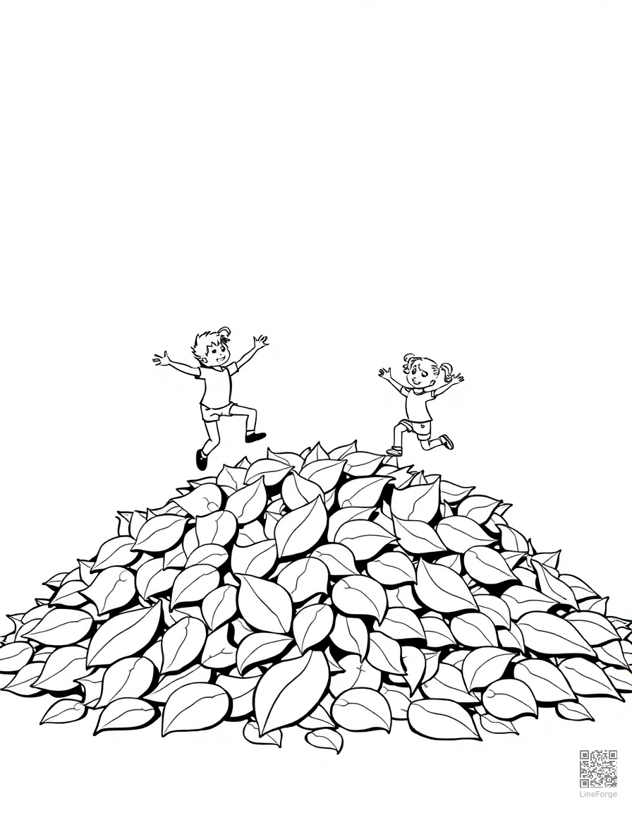 leaf pile with kids jumping in coloring page Minimal style free printable