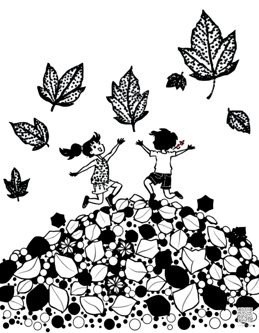 leaf pile with kids jumping in coloring page Stipple style free printable