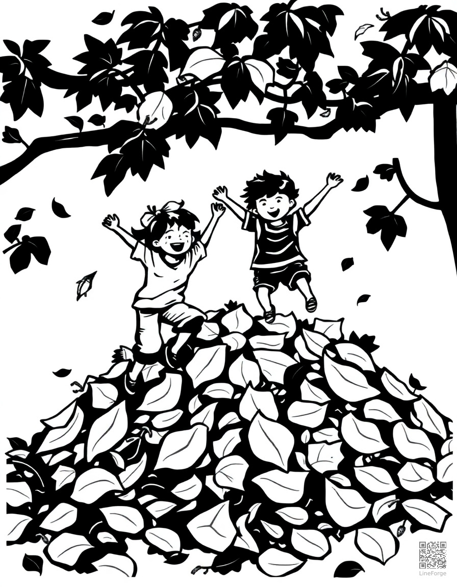 leaf pile with kids jumping in coloring page Woodcut style free printable