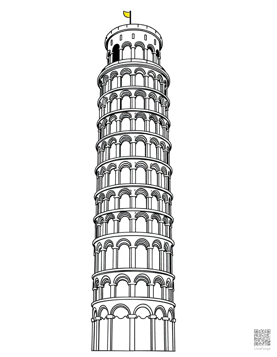 Free leaning tower of pisa coloring page in contour style — printable line art