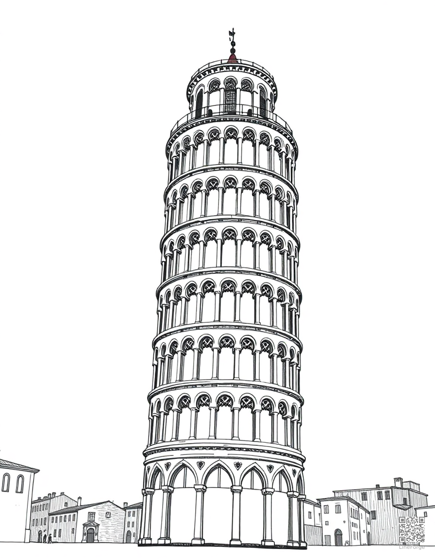 Free leaning tower of pisa coloring page in crosshatch style — printable line art