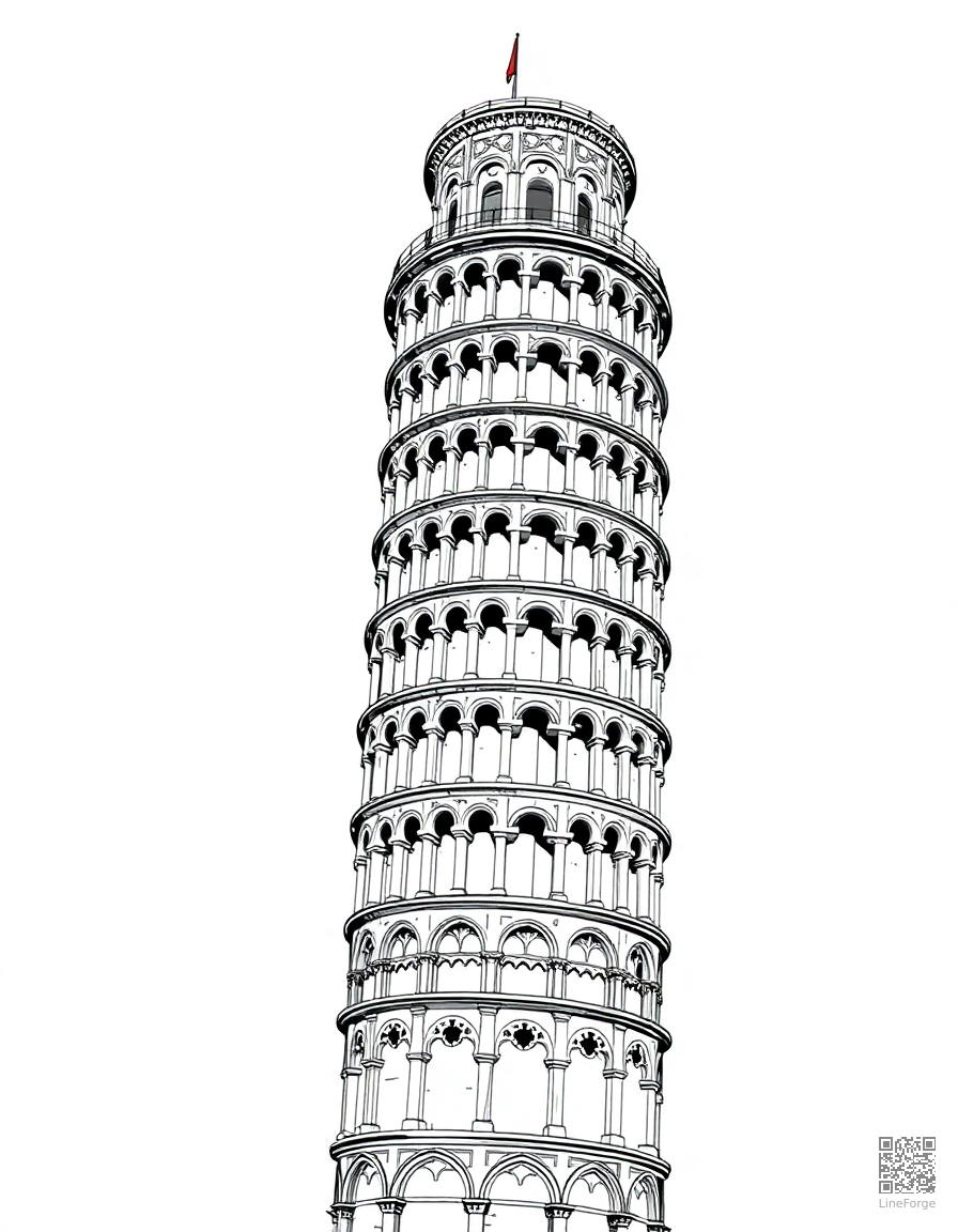 Free leaning tower of pisa coloring page in manga style — printable line art