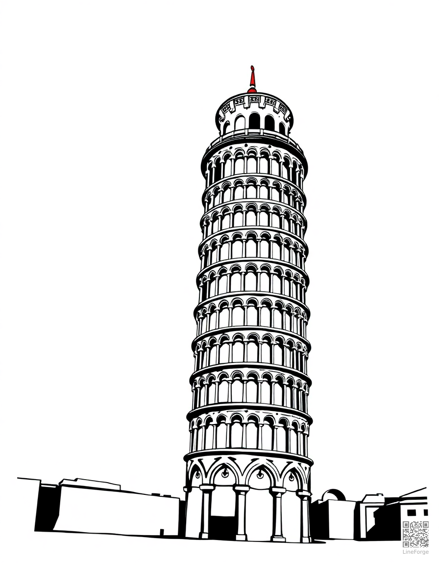 Free leaning tower of pisa coloring page in woodcut style — printable line art