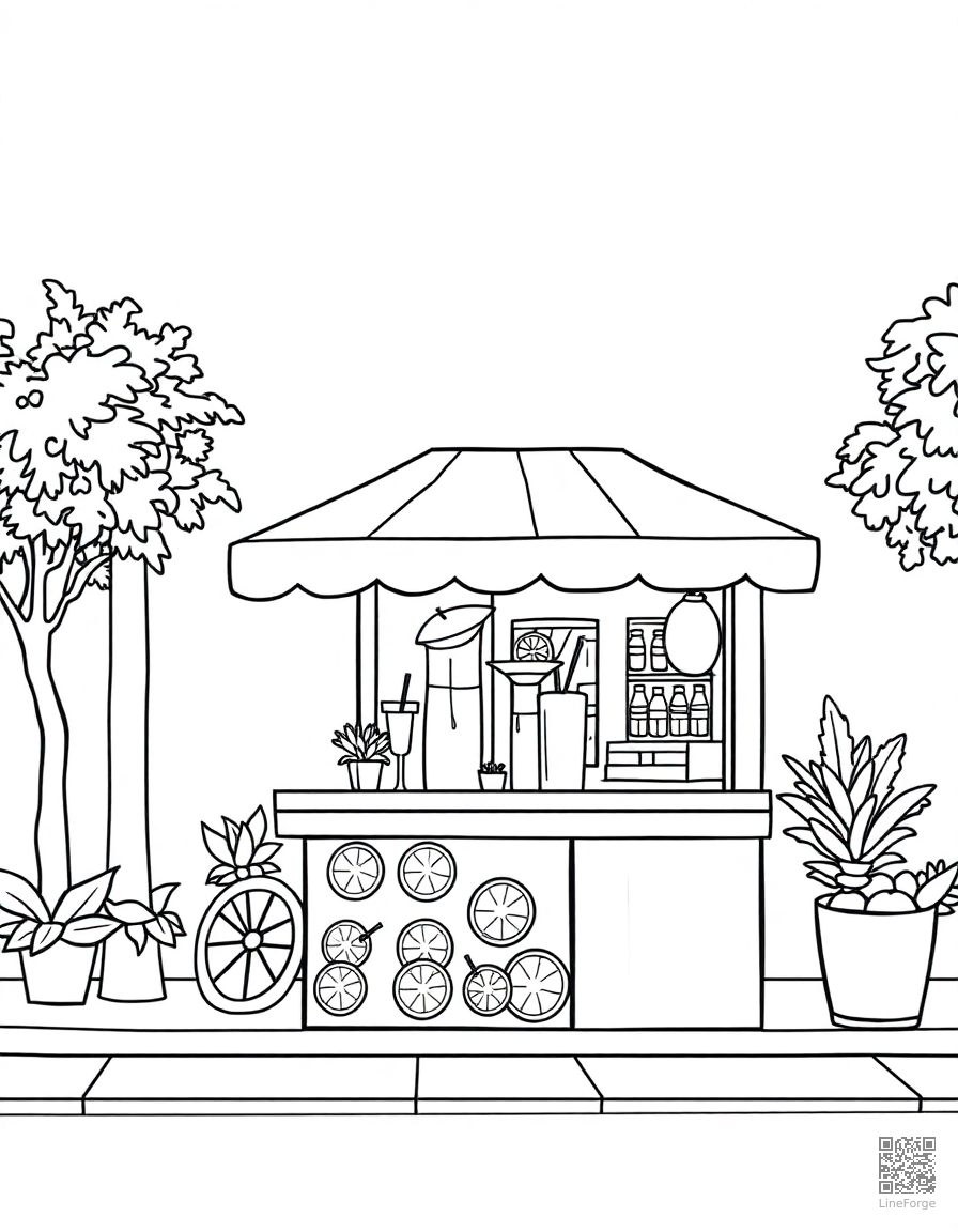 lemonade stand on a summer street coloring page Contour style - free printable