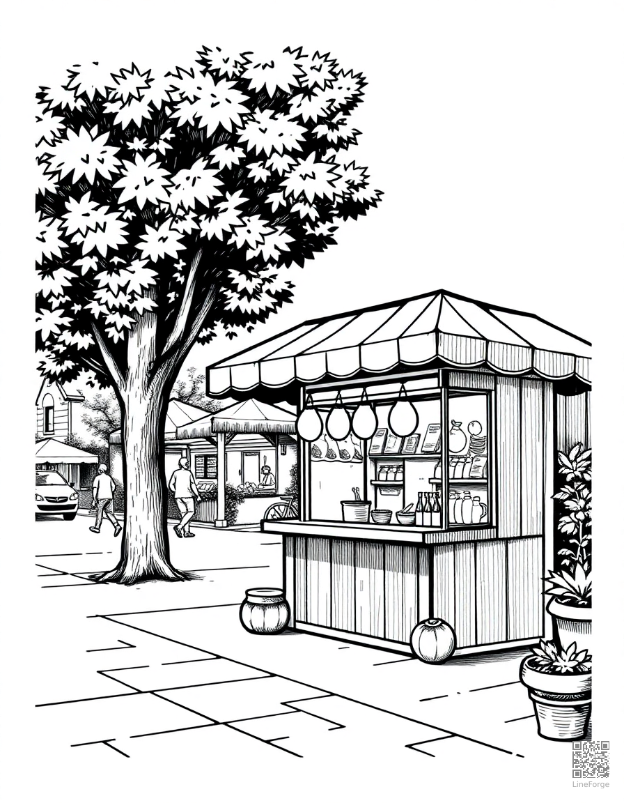 lemonade stand on a summer street coloring page Crosshatch style - free printable
