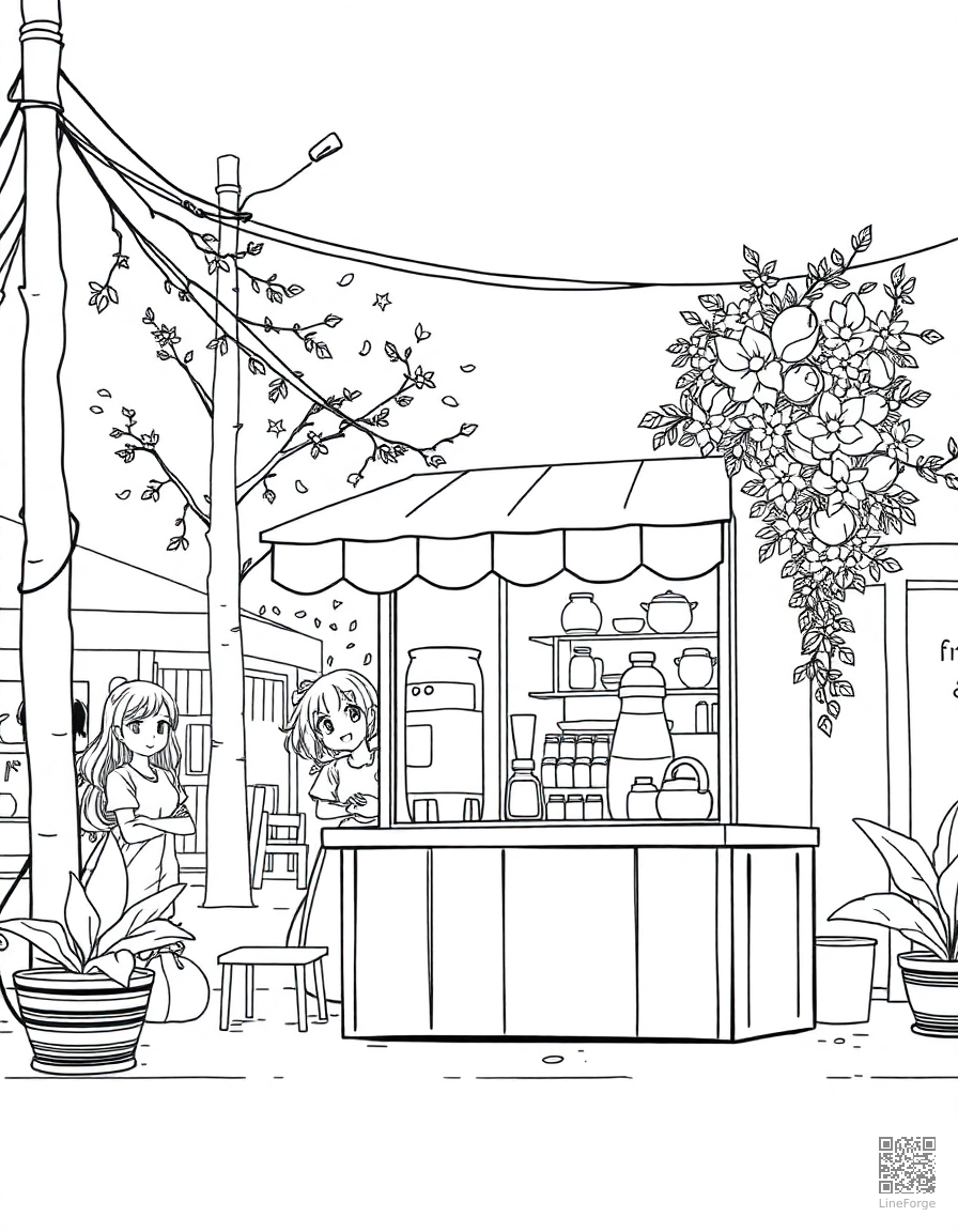 lemonade stand on a summer street coloring page Manga style - free printable