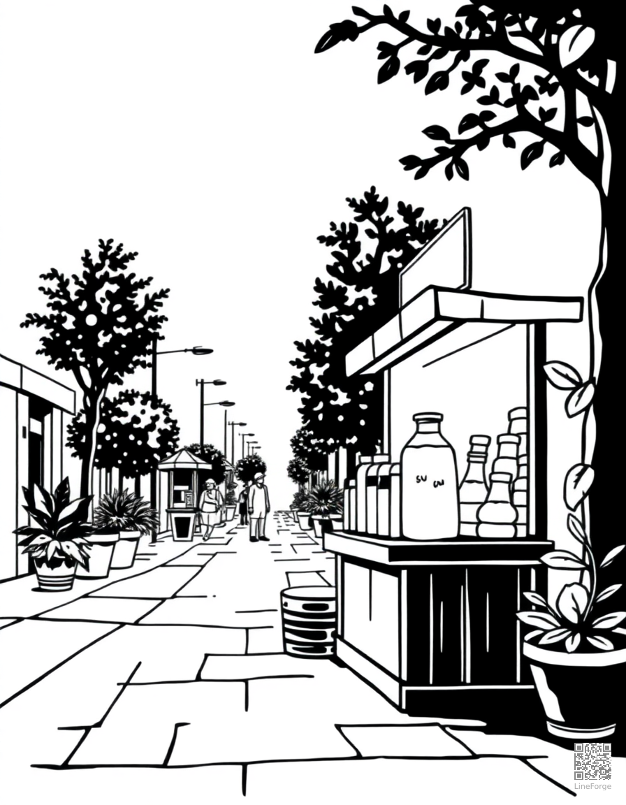 lemonade stand on a summer street coloring page Woodcut style - free printable