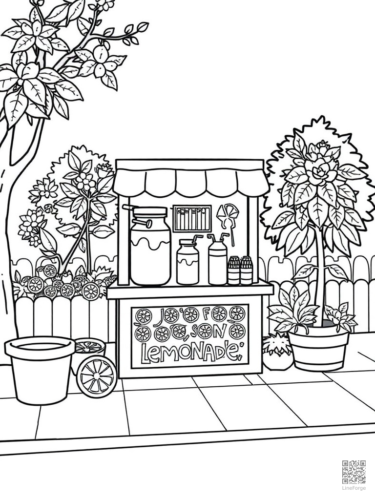 Lemonade stand on a sunny sidewalk coloring page Contour style - free printable