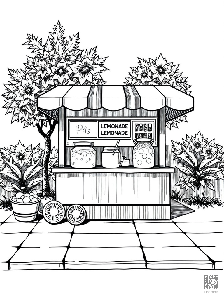 Lemonade stand on a sunny sidewalk coloring page Crosshatch style - free printable