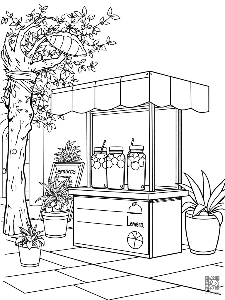 Lemonade stand on a sunny sidewalk coloring page Manga style - free printable