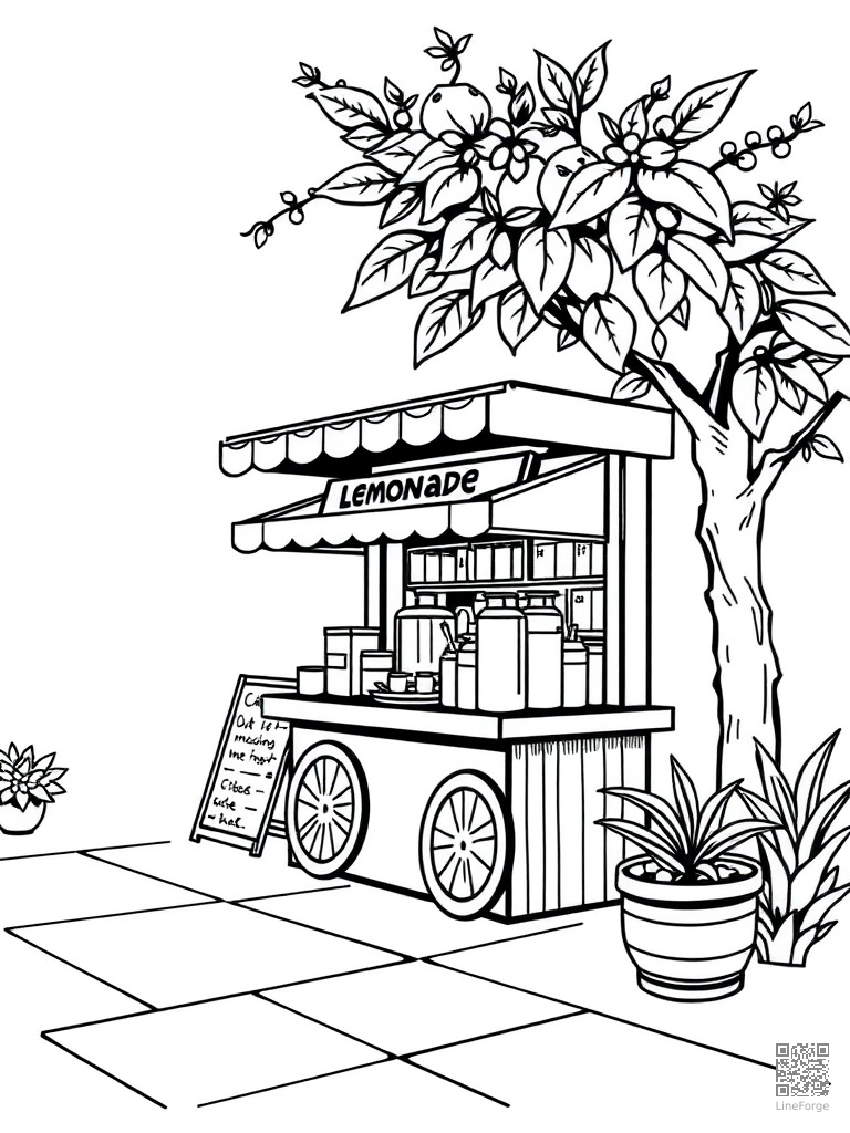 Lemonade stand on a sunny sidewalk coloring page Woodcut style - free printable
