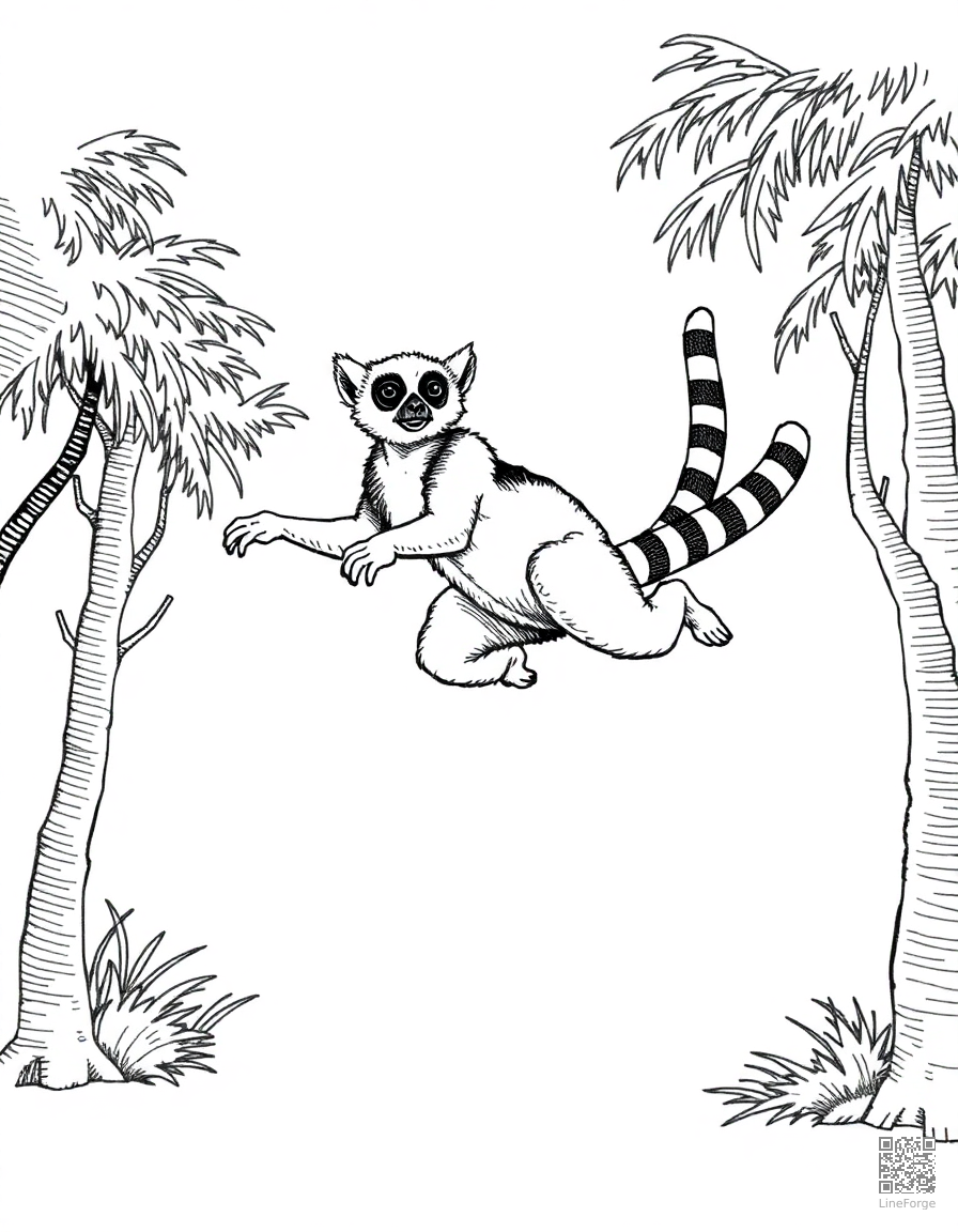 lemur leaping between trees in madagascar coloring page Crosshatch style - free printable